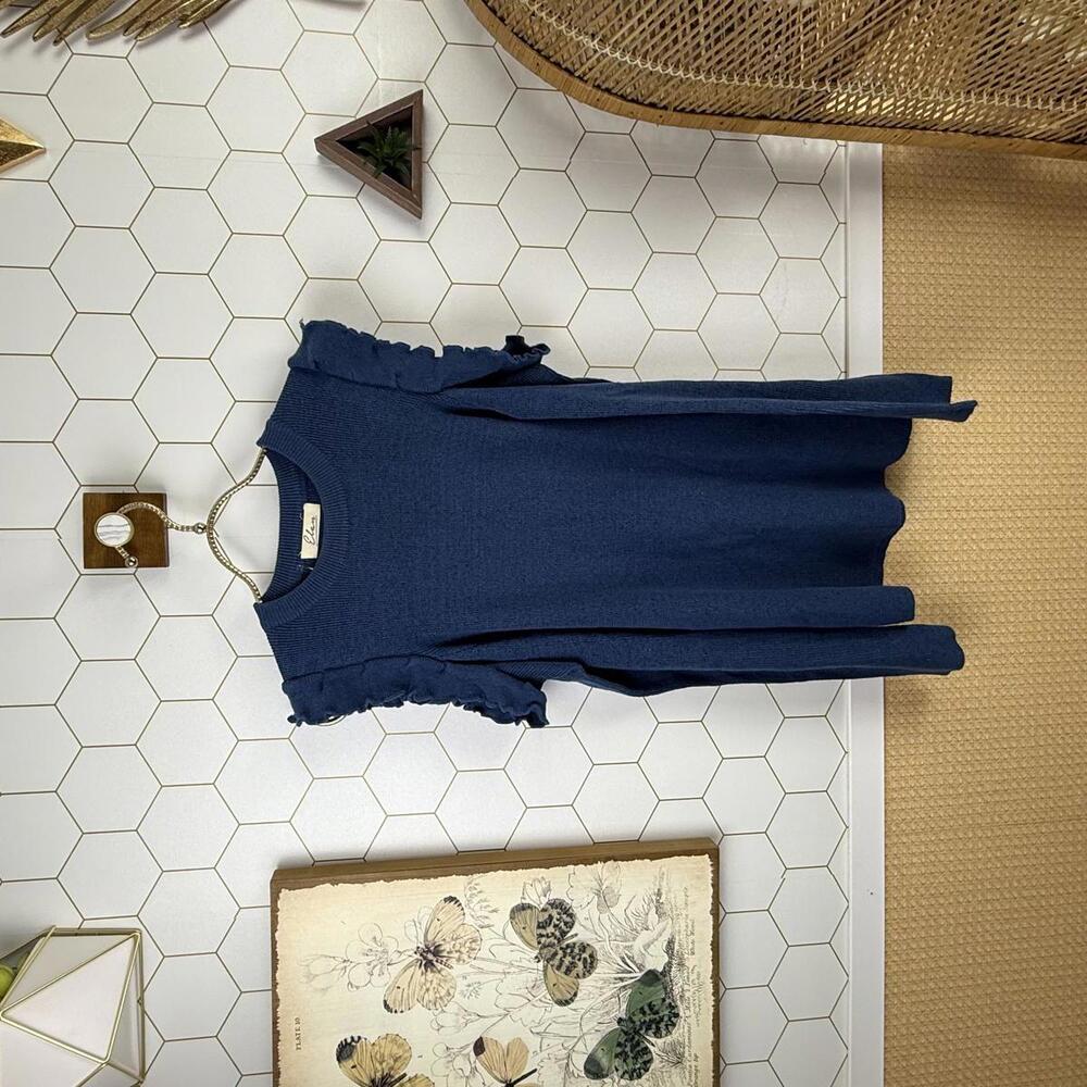 Elan Navy Ruffled Sleeve Cold-Shoulder Ribbed Sweater - Size - Medium